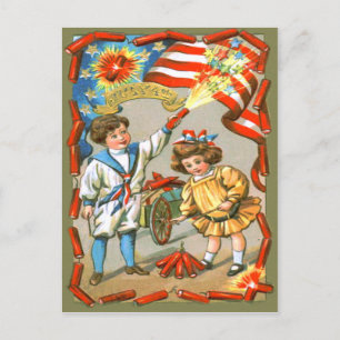 Children American Flag Fireworks Firecracker Postcard
