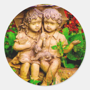 Children and a Puppy share an Umbrella in the Rain Classic Round Sticker