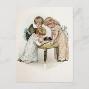 Children and Cat Vintage Postcard