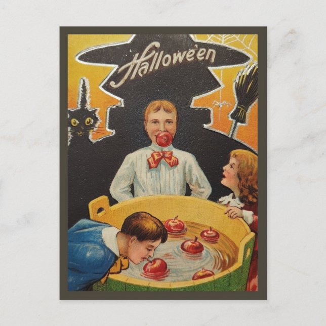 Children Apple Bobbing - Vintage Halloween Postcard (Front)