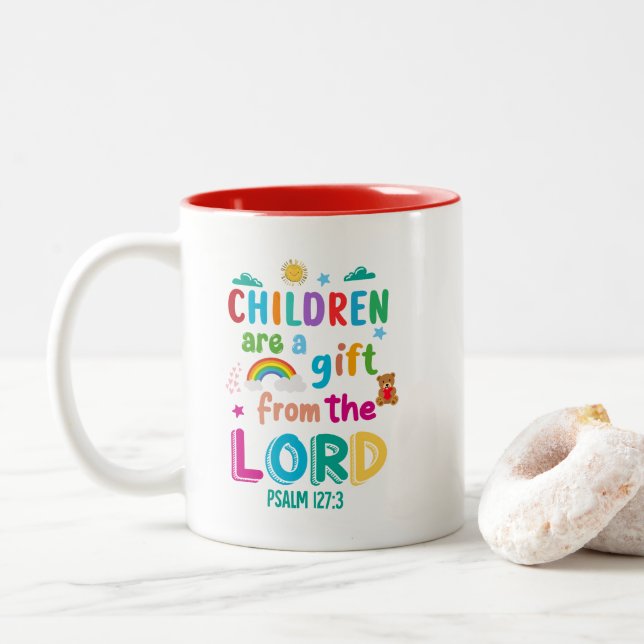 "Children Are a Gift" - Made-To-Order Red  Two-Tone Coffee Mug (With Donut)