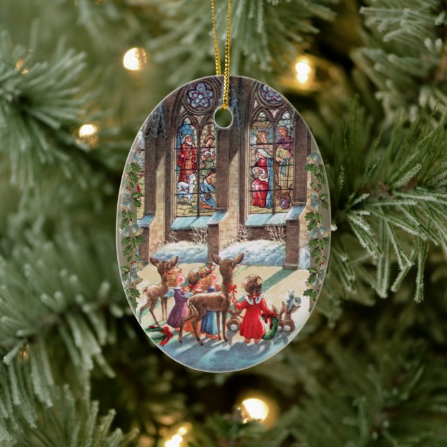 Children at the Church Window Christmas Ceramic Tree Decoration (Tree)