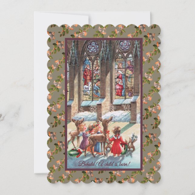 Children At The Church Window Christmas Holiday Card (Front)