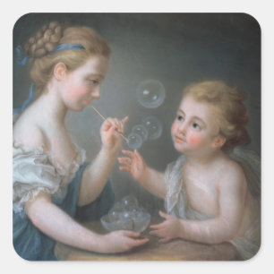 Children blowing bubbles square sticker