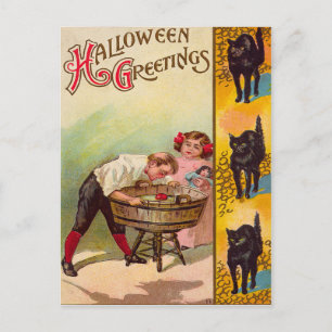 Children Bobbing For Apples Black Cat Postcard