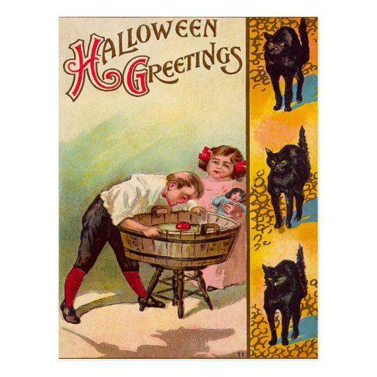Children Bobbing For Apples Black Cat Postcard