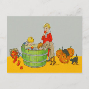 Children Bobbing For Apples Jack O' Lantern Postcard