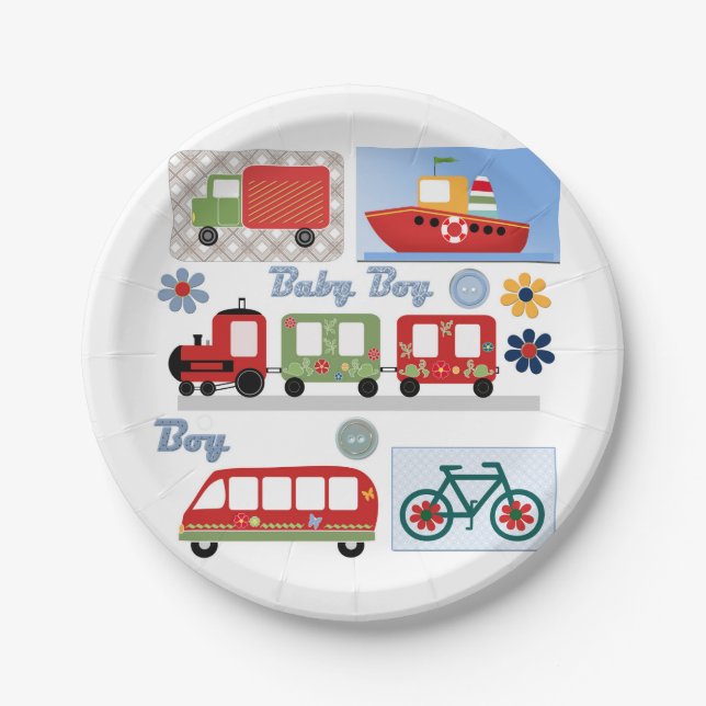 Children boy transport car boat train bus bicycle paper plate (Front)