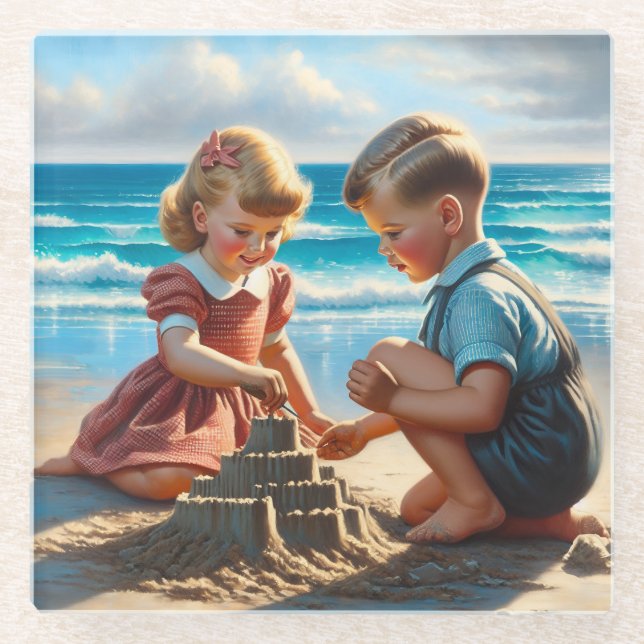 Children Building a Sandcastle on the Beach  Glass Coaster (Front)