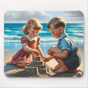 Children Building a Sandcastle on the Beach Mouse Mat