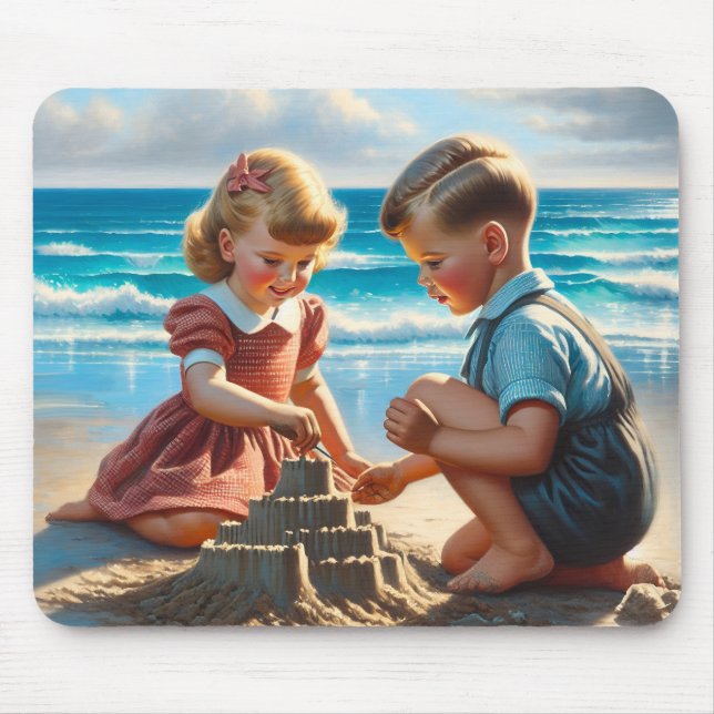 Children Building a Sandcastle on the Beach  Mouse Mat (Front)