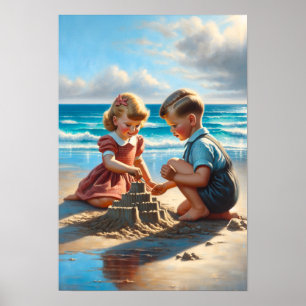 Children Building a Sandcastle on the Beach Poster