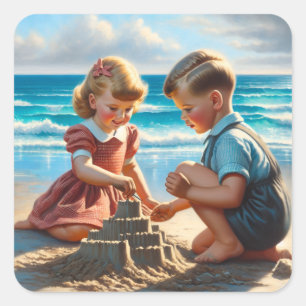 Children Building a Sandcastle on the Beach  Square Sticker