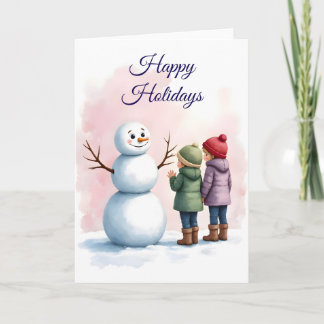 Children Building Snowman Winter Scene Blank  Card