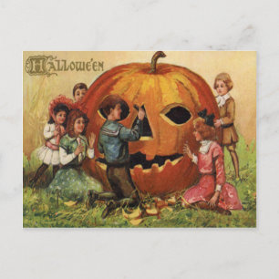 Children Carving Jack O Lantern Pumpkin Postcard