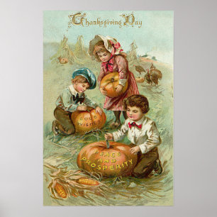 Children Carving Pumpkins Turkey Haystack Corn Poster