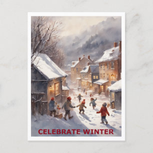 Children Celebrate Winter Snow Postcard