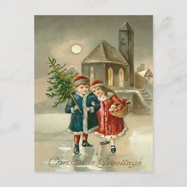 Children Christmas Tree Church Frozen Pond Snow Holiday Postcard (Front)