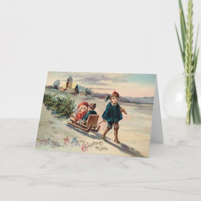 Children Christmas Tree Sled Sleigh Holiday Card (Front)