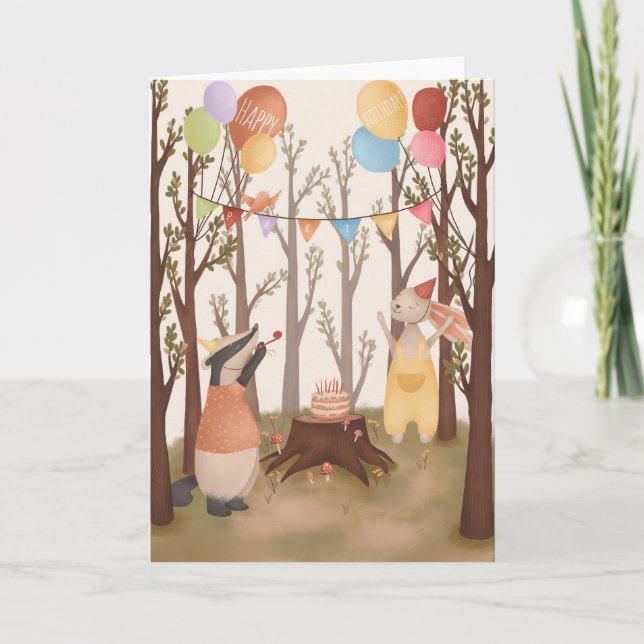 Children Cute Woodland Animal Party Birthday Card (Front)