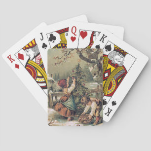 Children Decorating Christmas Tree Snow Playing Cards