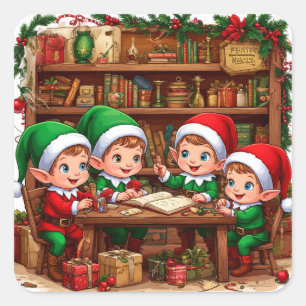 Children elf Exploring Christmas Toy Shop Square Sticker