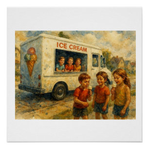 Children Enjoying Ice Cream Truck,  Poster