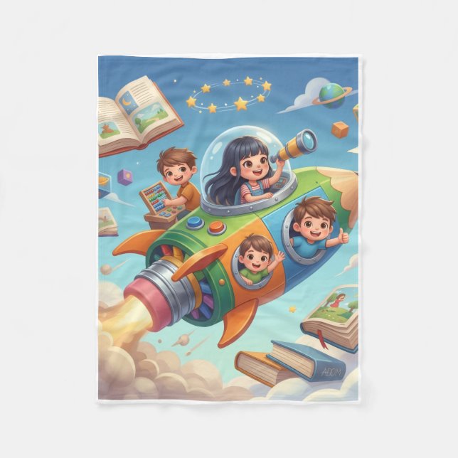 Children Exploring Space Through Cartoon Rocket Fl Fleece Blanket (Front)