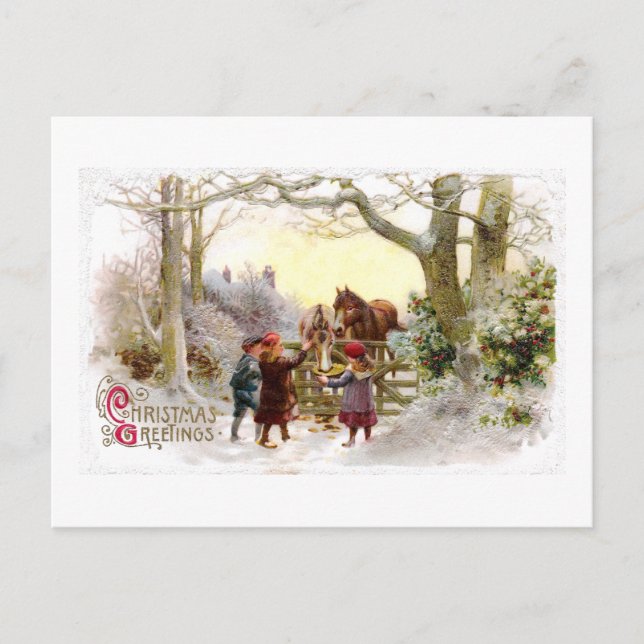 Children Feeding Horses Antique Christmas Holiday Postcard (Front)