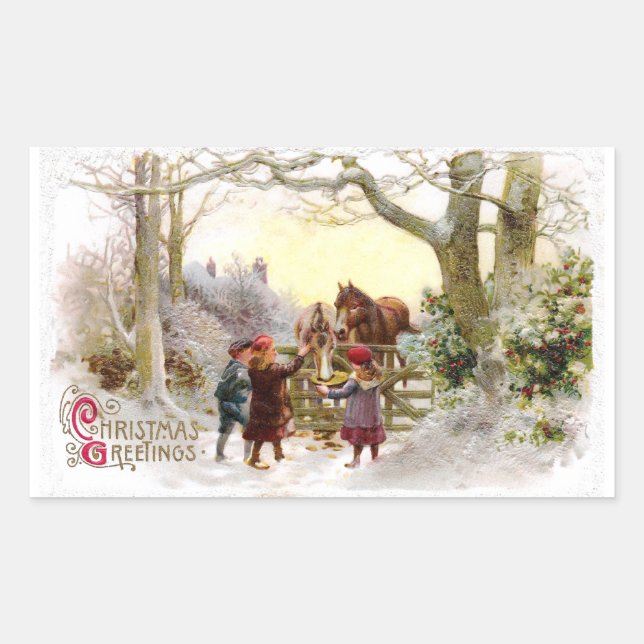 Children Feeding Horses Antique Christmas Rectangular Sticker (Front)