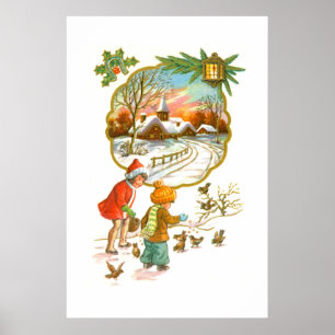 Children feeding the birds poster