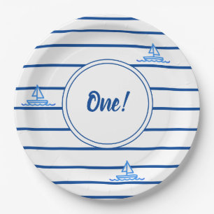 Children First Birthday Blue Stripes Sail Boat  Paper Plate
