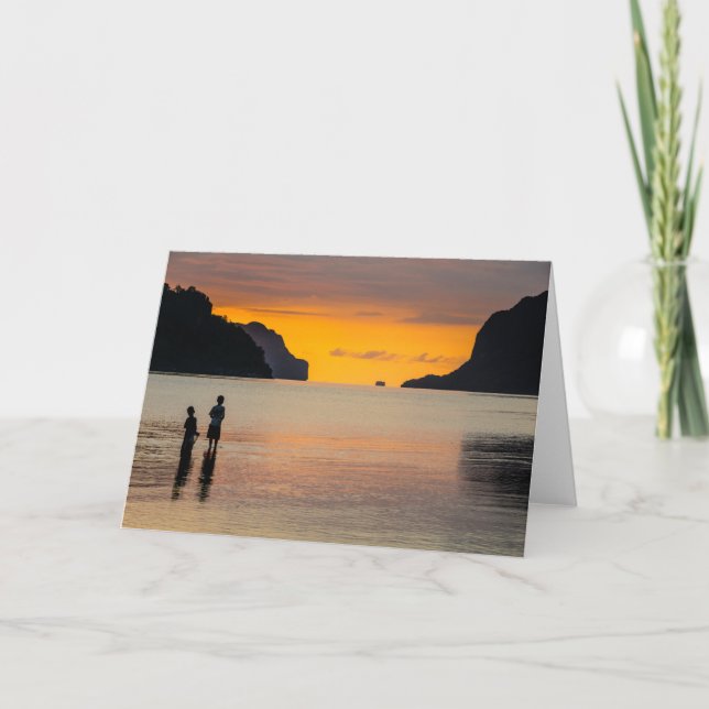Children Fishing At Sunset Card (Front)