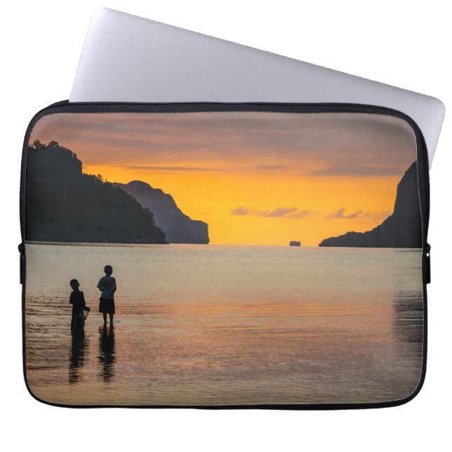 Children Fishing At Sunset Laptop Sleeve (Front)