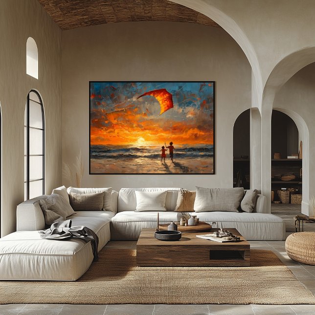 Children Flying Kite at Sunset - Vibrant Beach Poster (Creator Uploaded)