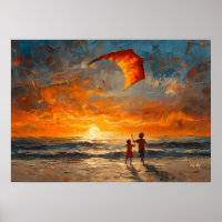 Children Flying Kite at Sunset - Vibrant Beach