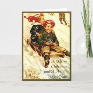 Children Fun Sledding Vintage Look Merry Christmas Thank You Card