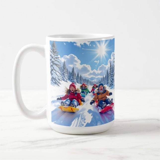 Children Gleefully Sledding Winter Fun Coffee Mug (Left)