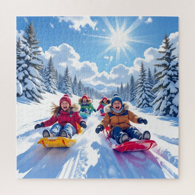 Children Gleefully Sledding Winter Fun Jigsaw Puzzle (Vertical)