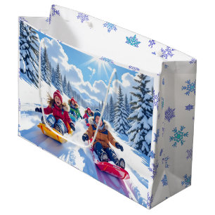 Children Gleefully Sledding Winter Fun Large Gift Bag