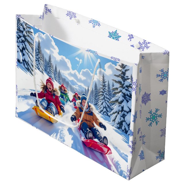 Children Gleefully Sledding Winter Fun Large Gift Bag (Front Angled)