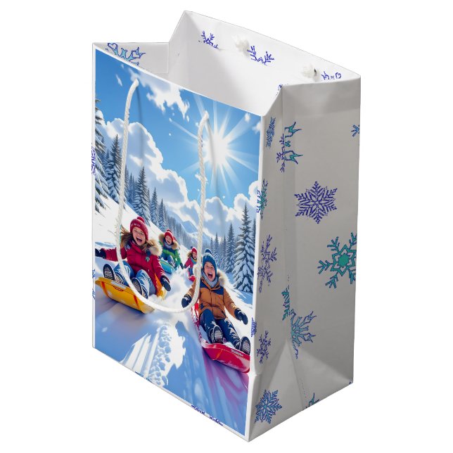Children Gleefully Sledding Winter Fun Medium Gift Bag (Front Angled)