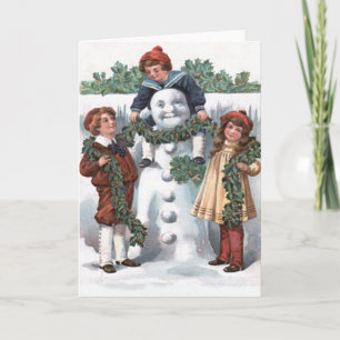 Children Hanging Holly Garland Snowman Holiday Card