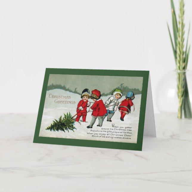 Children Hauling Christmas Tree Vintage Holiday Card (Front)
