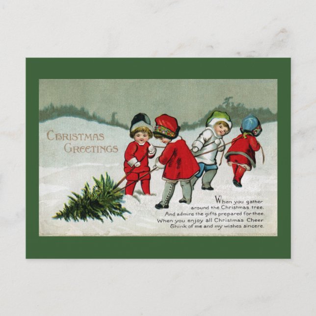 Children Hauling Christmas Tree Vintage Holiday Postcard (Front)