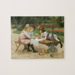 Children Having Afternoon Tea in the Park Jigsaw Puzzle<br><div class="desc">This design features a painting by the French artist Victor Gabriel Gilbert (1847–1933). It shows children having a picnic in a Paris park. There are two girls and one boy. The kids are sitting on both sides of a bench; one girl is lying across it. They have a tablecloth and...</div>