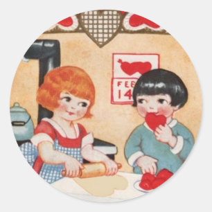 Children & Heart Cookies Vintage Valentine Sticker