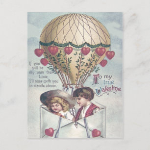 Children Heart Hot Air Balloon Valentine Holiday Postcard
