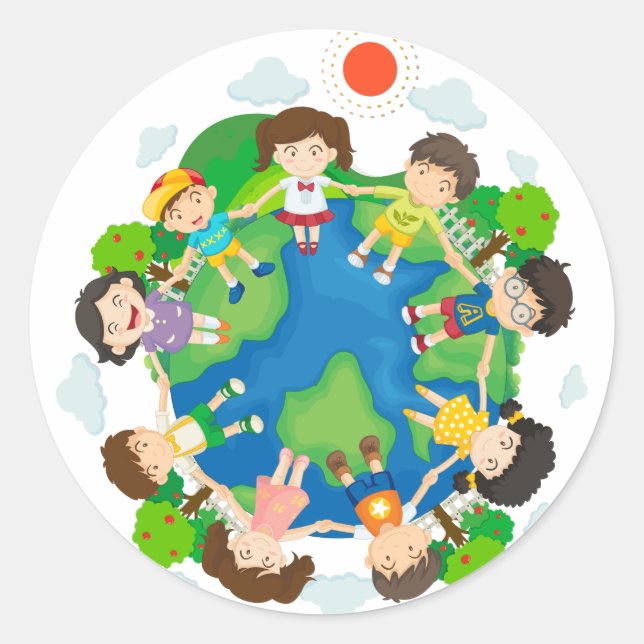 Children holding hands around the earth classic round sticker (Front)