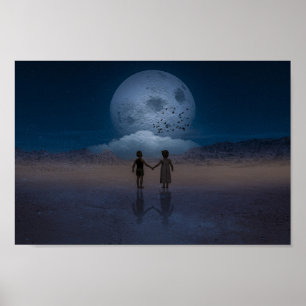 Children holding hands at the moon poster
